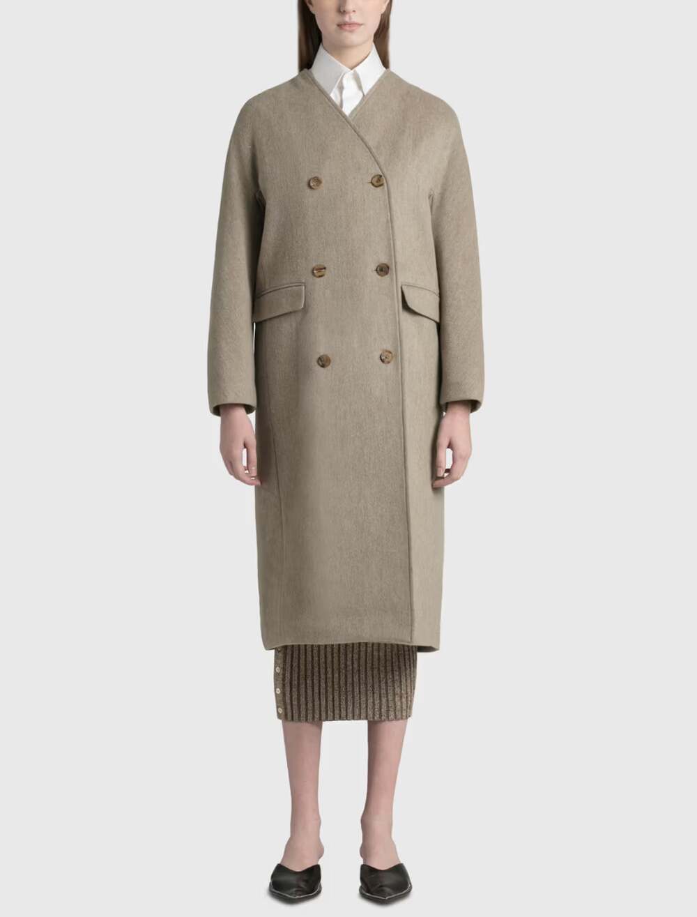 Nothing Written Beige Oatmeal Lambswool Collarless Double Breasted Coat Medium